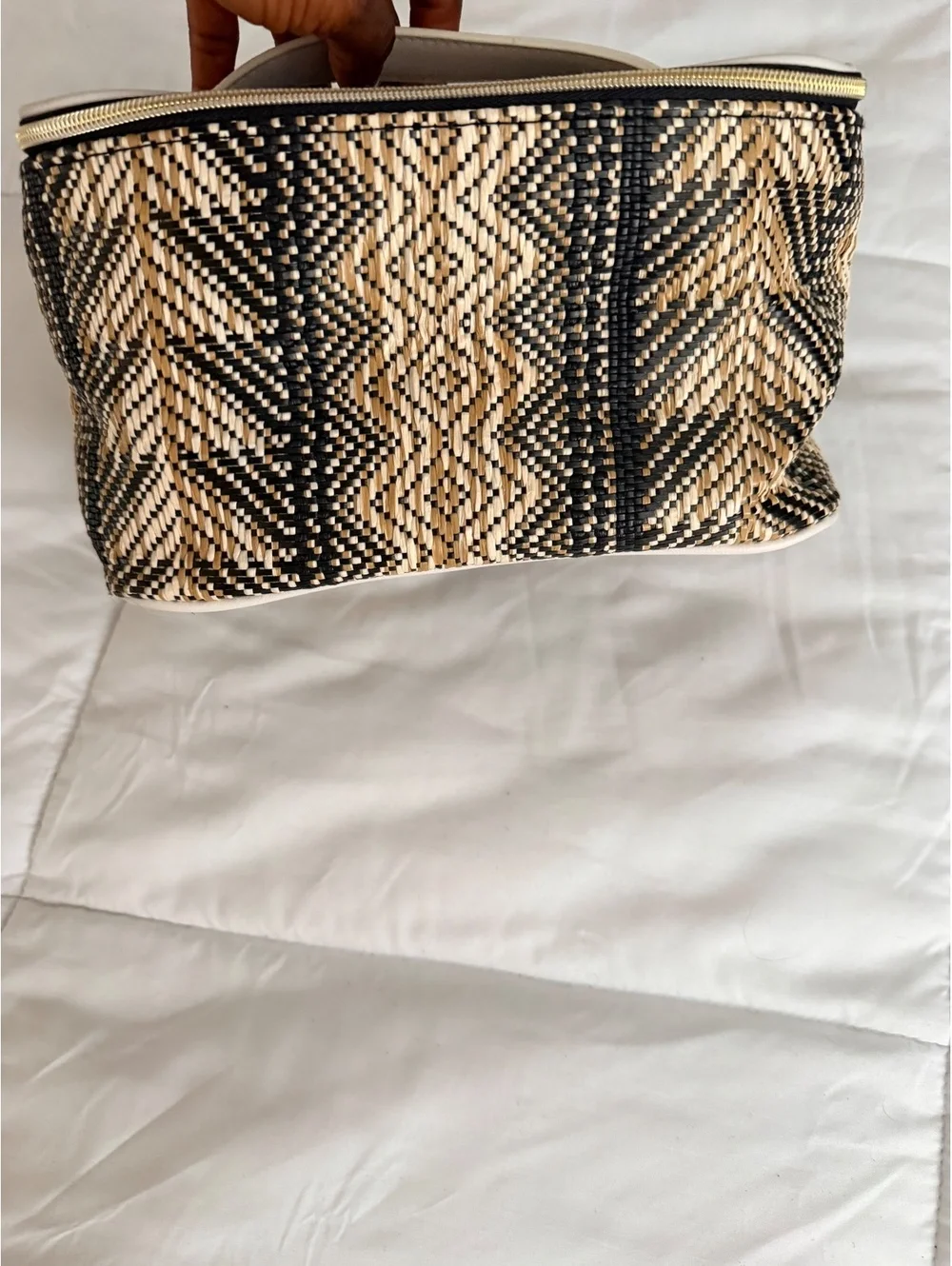 Woven Patterned Cosmetic or Toiletry Bag with White Handle